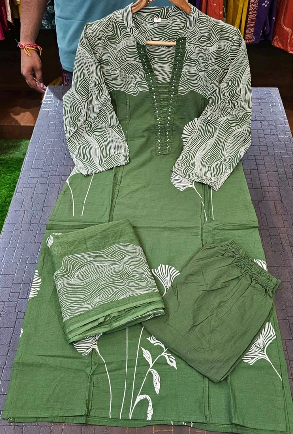 LCW 5847 New Style Cotton  Kurti,pant& dupatta set 
hand work  - Green, L-40