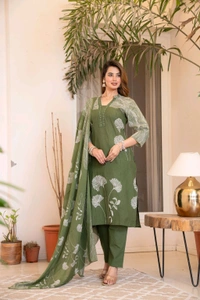 LCW 5847 New Style Cotton  Kurti,pant& dupatta set 
hand work  - Green, XL-42