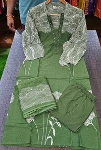 LCW 5847 New Style Cotton  Kurti,pant& dupatta set 
hand work  - Green, XL-42
