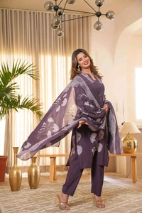 LCW 5847 New Style Cotton  Kurti,pant& dupatta set 
hand work  - Purple, M-38