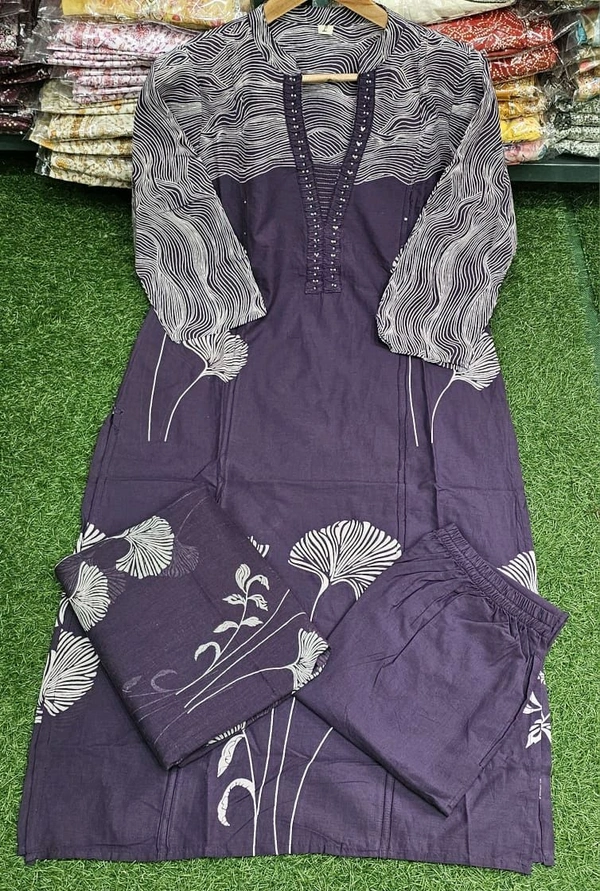 LCW 5847 New Style Cotton  Kurti,pant& dupatta set 
hand work  - Purple, L-40
