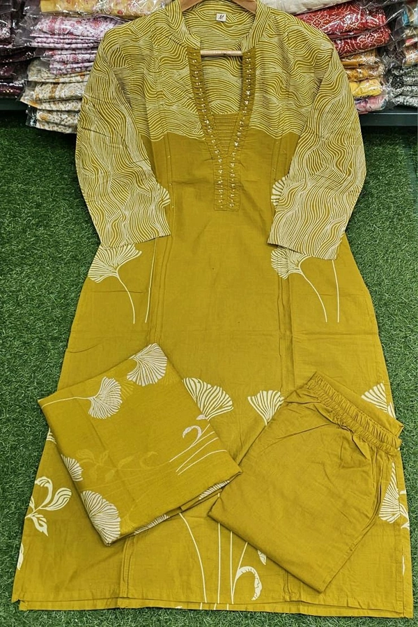 LCW 5847 New Style Cotton  Kurti,pant& dupatta set 
hand work  - Yellow, M-38