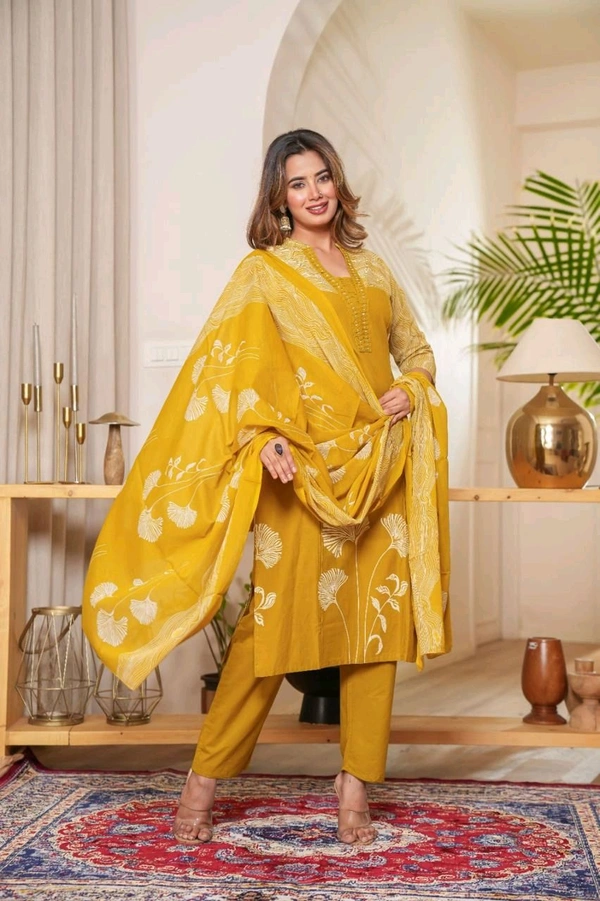 LCW 5847 New Style Cotton  Kurti,pant& dupatta set 
hand work  - Yellow, L-40