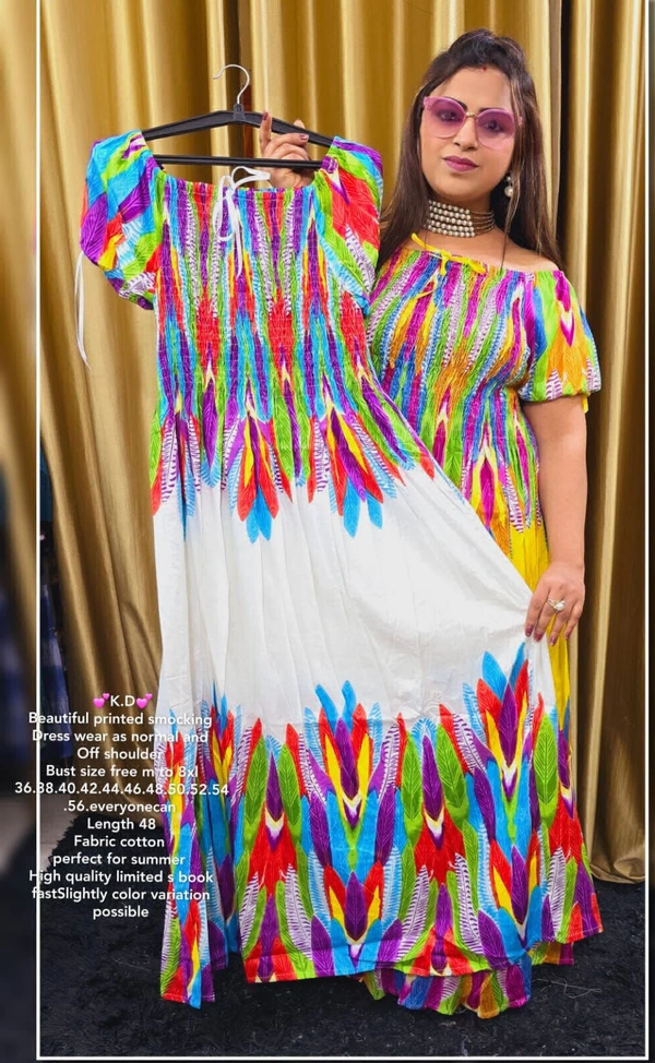 KDC 1060 Beautiful Printed Smooking Dress - White, S-36