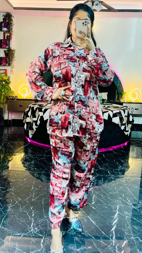 WSM DIGITAL PRINTS SATIN CORDSET WITH STONE - Light Blue, L-40