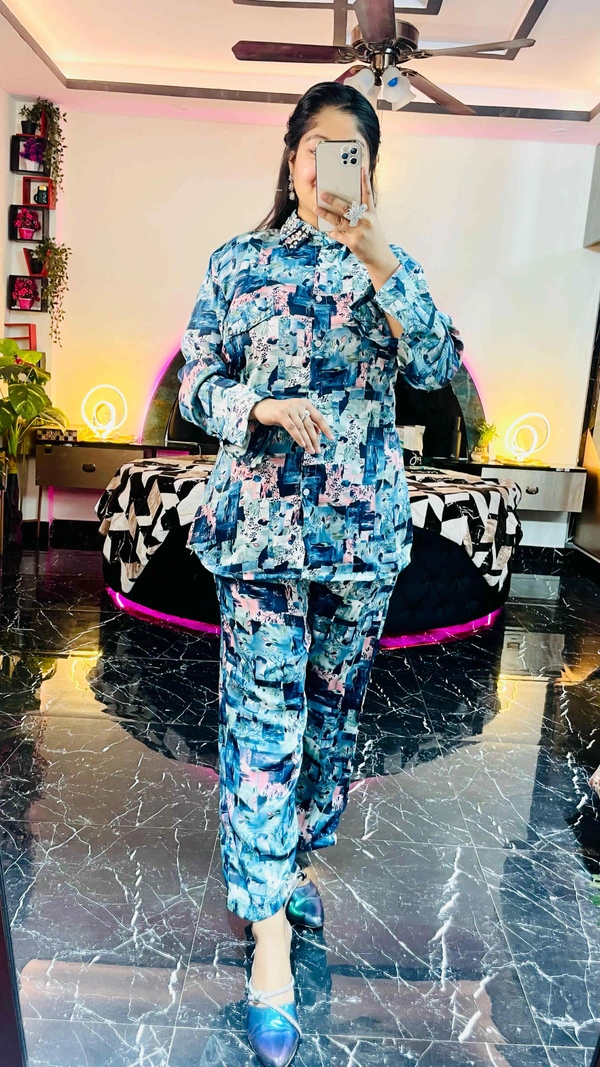 WSM DIGITAL PRINTS SATIN CORDSET WITH STONE - Light Blue, L-40