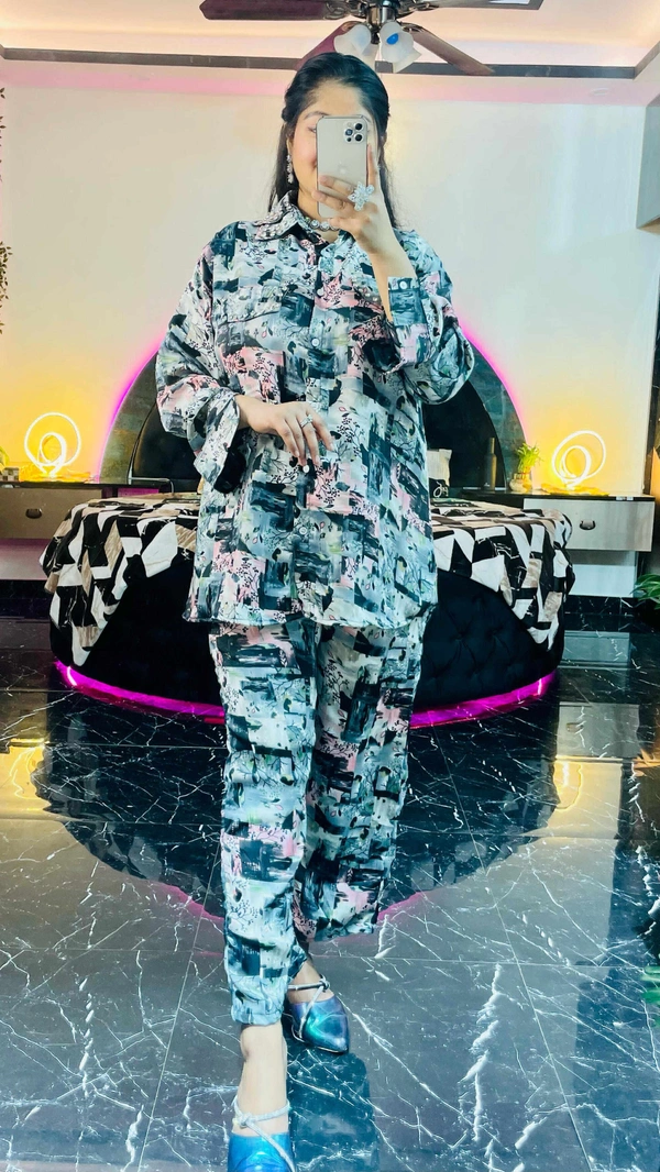 WSM DIGITAL PRINTS SATIN CORDSET WITH STONE - Light Blue, L-40