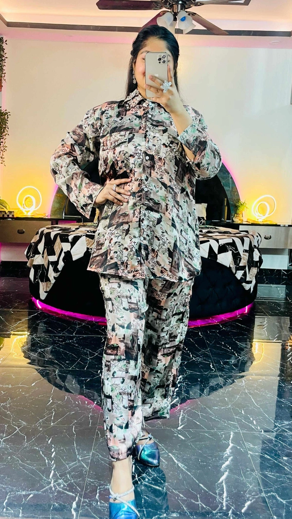 WSM DIGITAL PRINTS SATIN CORDSET WITH STONE - Light Blue, L-40