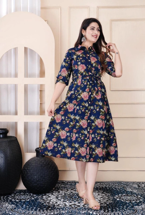 KDJ 1049 Flower Printed Designer Dress - Black, 38-M