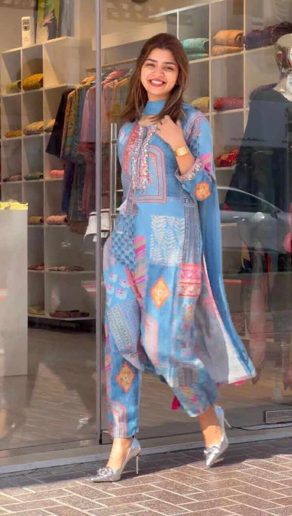 VRE A-LINE KURTI WITH PANT DUPATTA  - Cornflower Blue, 42-XL