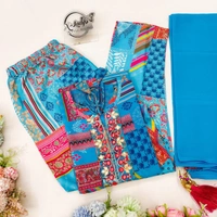 VRE A-LINE KURTI WITH PANT DUPATTA  - Cornflower Blue, 42-XL