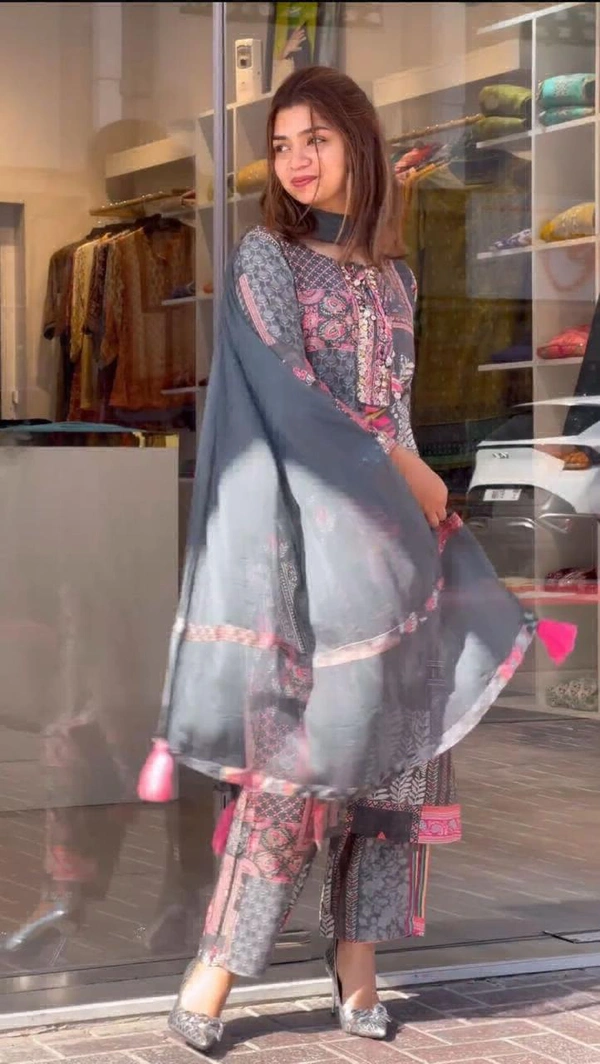 VRE A-LINE KURTI WITH PANT DUPATTA  - Cornflower Blue, 46-3XL