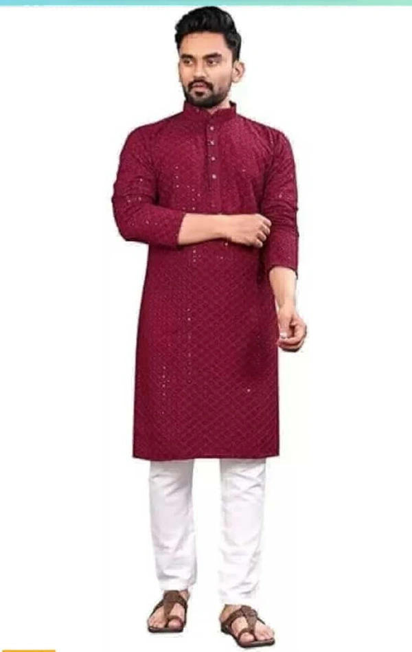 Square  Men Chikan Embroidery Cotton Rayon Straight Kurta  - Maroon, M-38