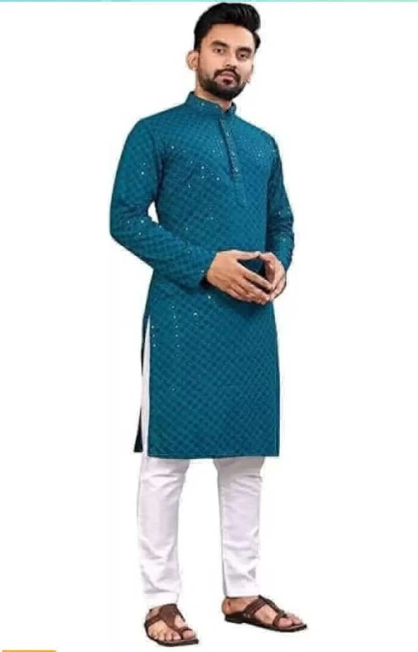 Square  Men Chikan Embroidery Cotton Rayon Straight Kurta  - peckoc blue, 40-L
