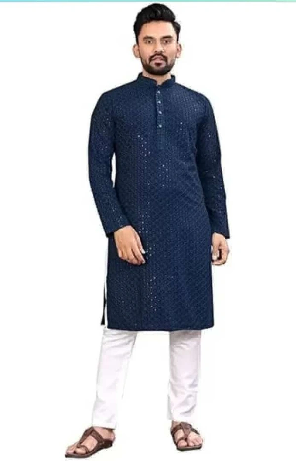 Square  Men Chikan Embroidery Cotton Rayon Straight Kurta  - Navy Blue, 40-L