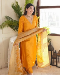 KDJ REYON STRAIGHT KURTI WITH PANT DUPATTA  - yellow, 42-XL