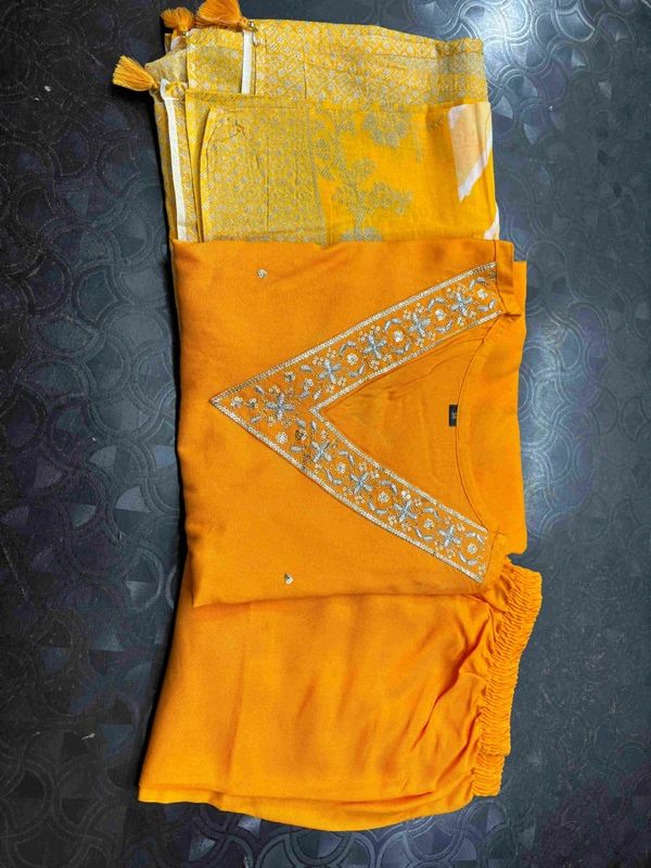 KDJ REYON STRAIGHT KURTI WITH PANT DUPATTA  - yellow, 42-XL