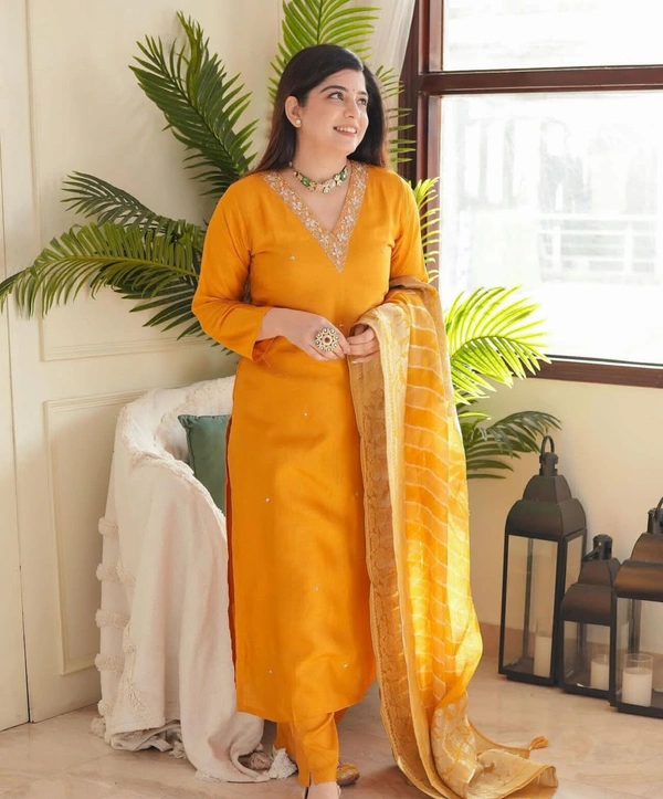 KDJ REYON STRAIGHT KURTI WITH PANT DUPATTA  - yellow, 2XL-44