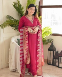 KDJ REYON STRAIGHT KURTI WITH PANT DUPATTA  - Red, 46-3XL