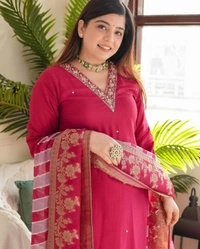 KDJ REYON STRAIGHT KURTI WITH PANT DUPATTA  - Red, 46-3XL