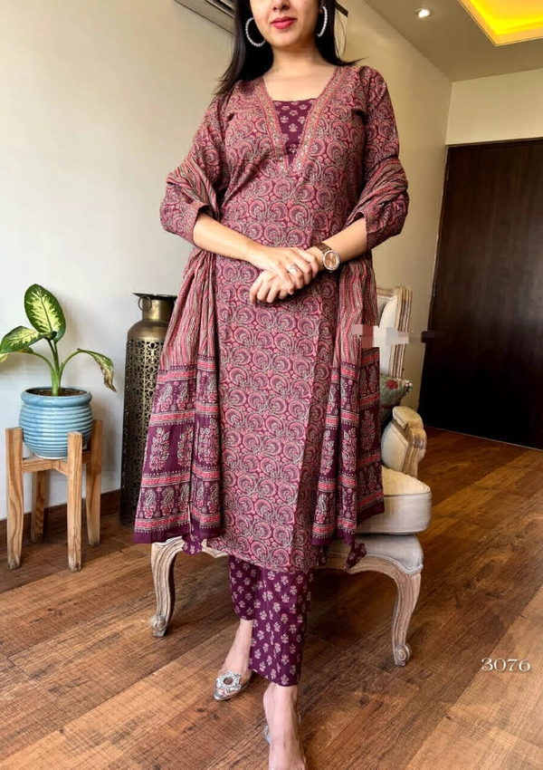 KDJ 3541 Cotton Kurta Set With Pant Dupatta  - M-38