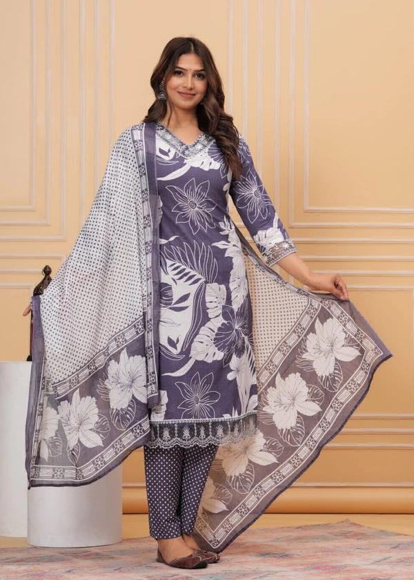 KDJ 3543 Cotton Kurta Set With Pant Dupatta  - Purple, M-38