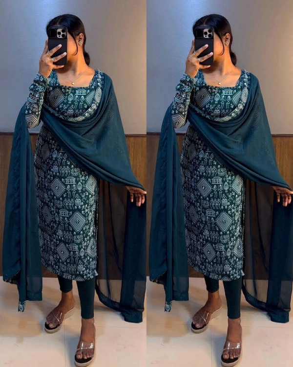 STC Kurti Set With Dupatta  - Blue, S-36