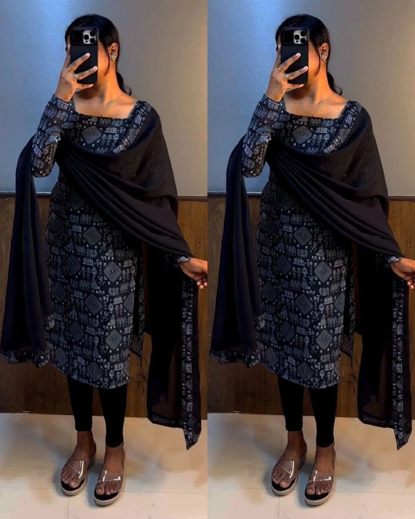 STC Kurti Set With Dupatta  - Black, M-38