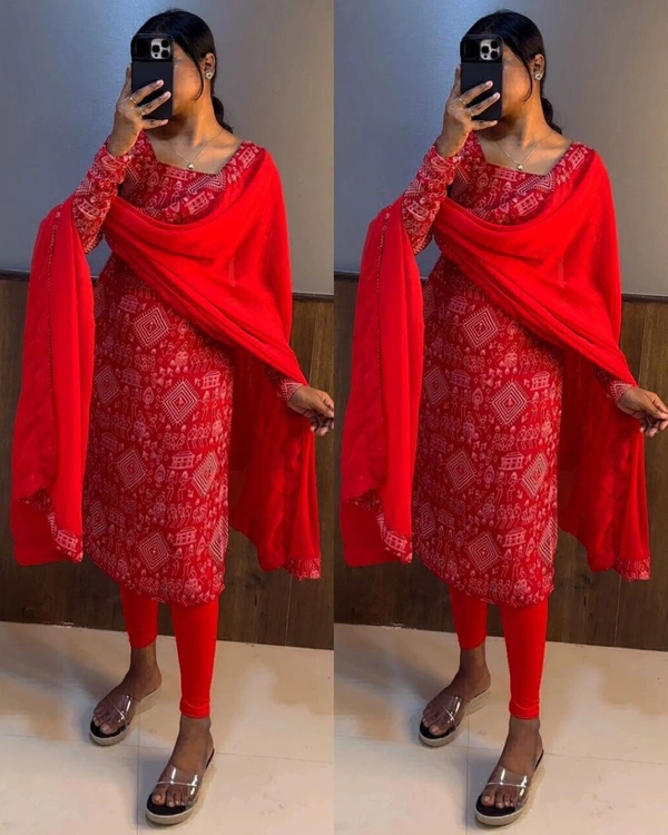 STC Kurti Set With Dupatta  - red, L-40