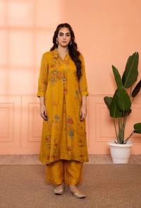 KDJ 5300 Beautiful Collar Kurti Set  - yellow, 42-XL