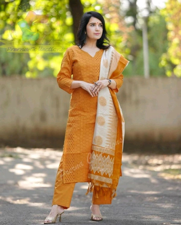 5037   EMBROIDERY KURTI  COTTON  PANT  SILK DUPATTA  - 2XL-44