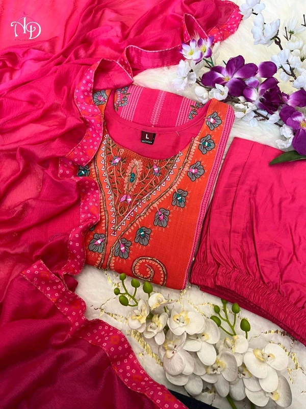 SF3 5055 *HEAVY DESIGNER SUIT SET  Original MIRROR KHATLI Work  beautiful Heavy Suit Set  pants and Lace Dupatta. HEAVY CHIFOON SILK - M-38