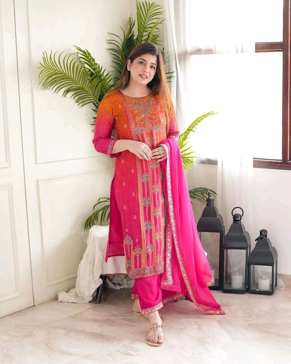 SF3 5055 *HEAVY DESIGNER SUIT SET  Original MIRROR KHATLI Work  beautiful Heavy Suit Set  pants and Lace Dupatta. HEAVY CHIFOON SILK - 3XL-46