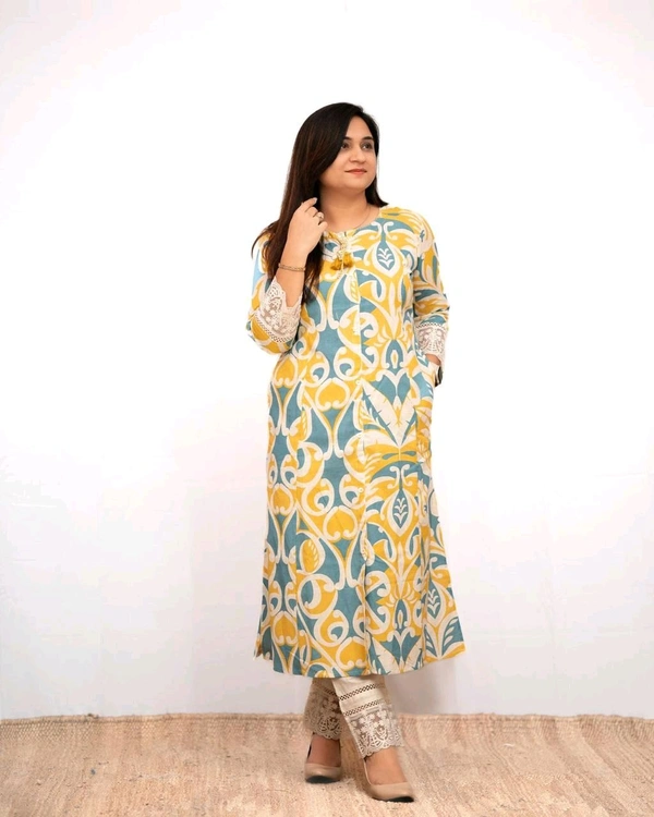 KDJ 5058 *New Launch* *Aline casual pant set* New Cotton casual pant set. *Aline kurta with lace beautiful matching lace detailed pant Side Pockets  - M-38