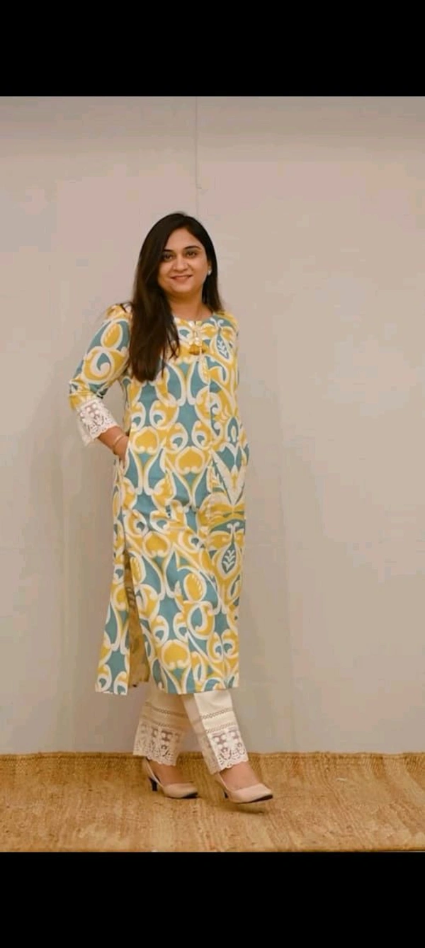 KDJ 5058 *New Launch* *Aline casual pant set* New Cotton casual pant set. *Aline kurta with lace beautiful matching lace detailed pant Side Pockets  - L-40
