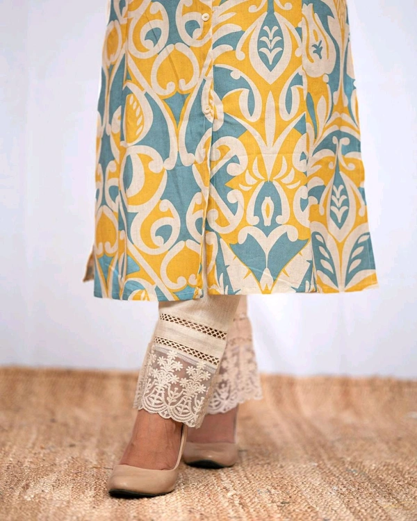 KDJ 5058 *New Launch* *Aline casual pant set* New Cotton casual pant set. *Aline kurta with lace beautiful matching lace detailed pant Side Pockets  - L-40