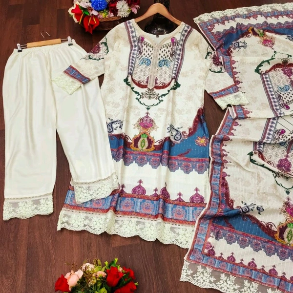 SF3 5062 ✨ Ivory Pakistani Suit  beautifully  prints, sequin embroidery and lace  comfortable  CHIKANKARI WORK LACE HIGH QUALIT - L-40