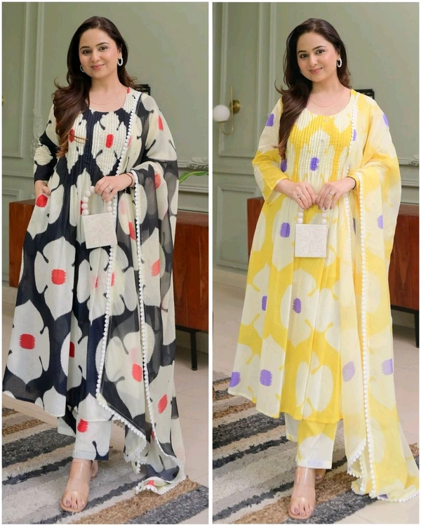 SF3 5365 * Heavy Cotton   Kurti with Pant with  Dupatta*  Color`s: *2* BLACK, YELLOW  - XL/42, Yellow