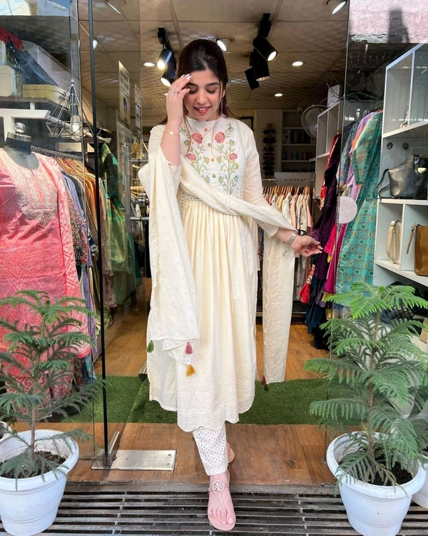 SF2 5366 Cotton embroidered kurta with pants and dupatta - 2XL-46