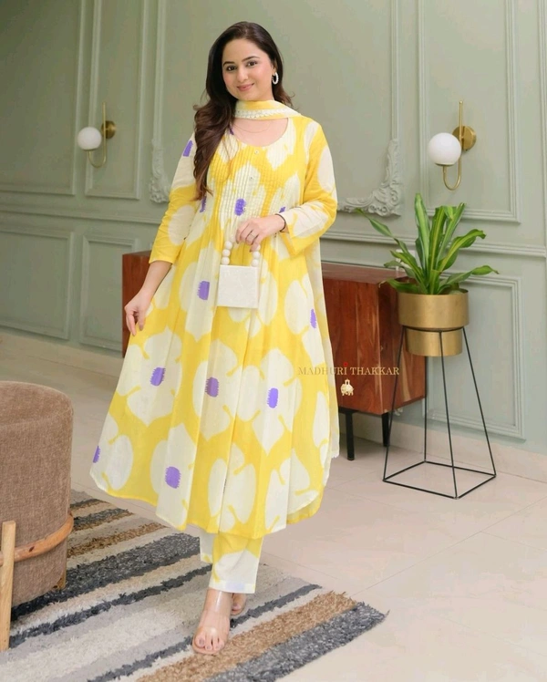 SF3 5365 Pure Cotton Kurti with Pant with cotton Dupatta  - M-38, Yellow