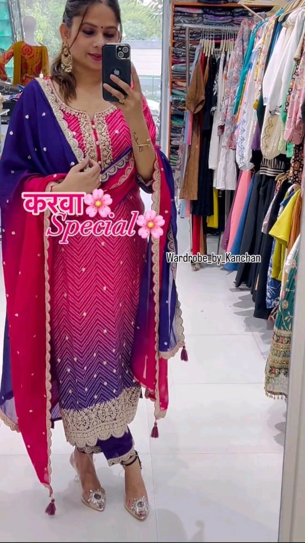 SF3 5367 HAVY CHINON WEAR TOP AND PLAZZO. WITH FANCY DUPPATA AND EMBROIDERY  - Pink Flamingo, M-38