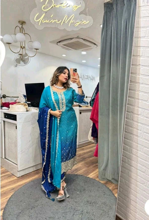 SF3 5367 HAVY CHINON WEAR TOP AND PLAZZO. WITH FANCY DUPPATA AND EMBROIDERY  - Blue, L-40