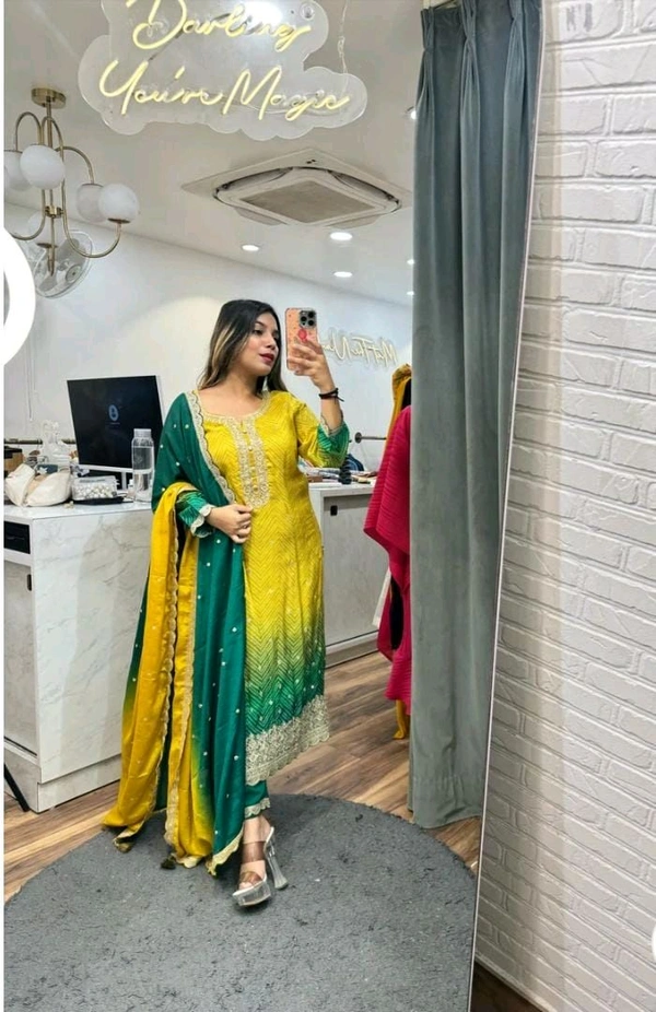 SF3 5367 HAVY CHINON WEAR TOP AND PLAZZO. WITH FANCY DUPPATA AND EMBROIDERY  - Yellow, XL-42