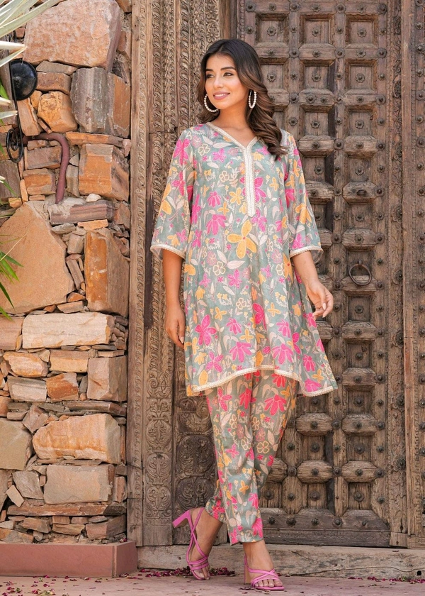 KDJ 5069  Muslin Floral Printed Cord Set  sunflower print Golden Gota Lace work - 3XL-46