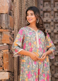 KDJ 5069  Muslin Floral Printed Cord Set  sunflower print Golden Gota Lace work - 3XL-46