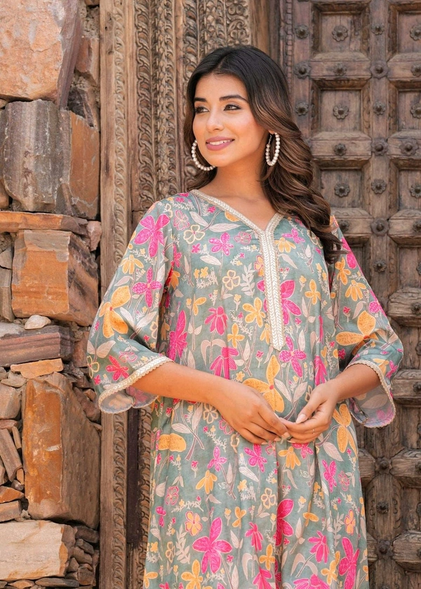 KDJ 5069  Muslin Floral Printed Cord Set  sunflower print Golden Gota Lace work - 3XL-46