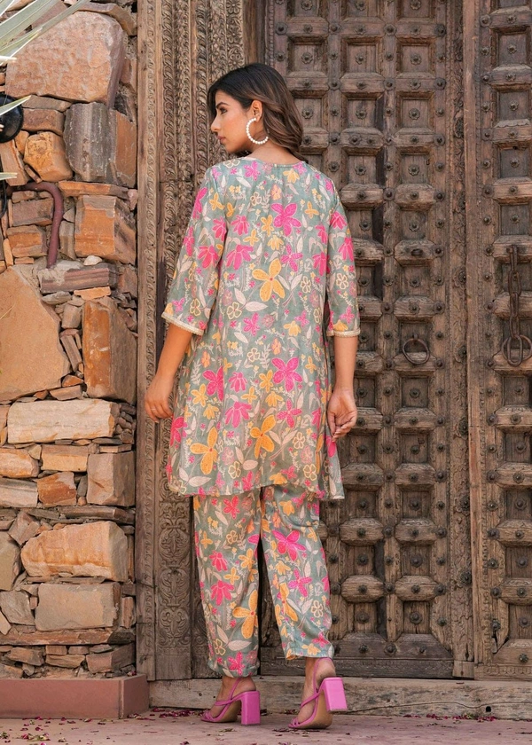 KDJ 5069  Muslin Floral Printed Cord Set  sunflower print Golden Gota Lace work - 3XL-46