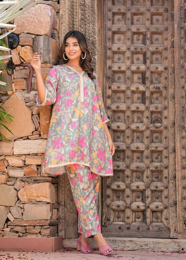 KDJ 5069  Muslin Floral Printed Cord Set  sunflower print Golden Gota Lace work - 3XL-46