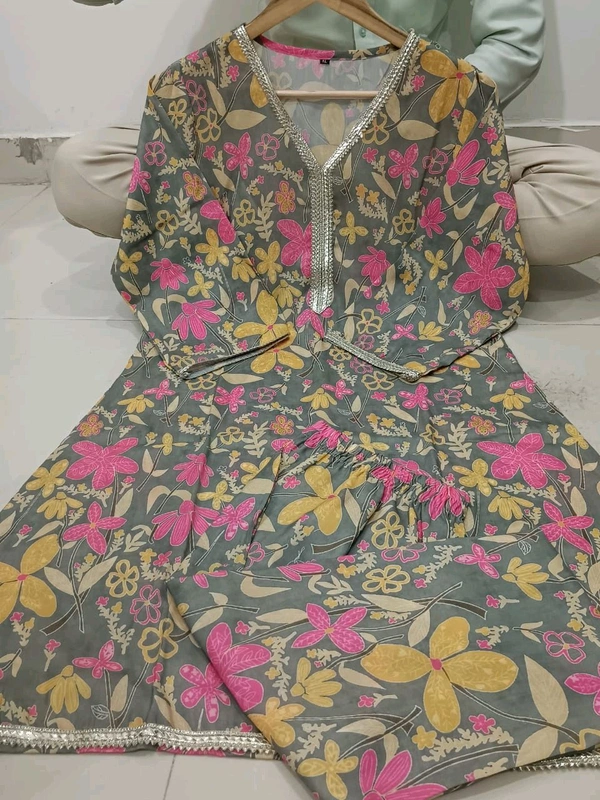 KDJ 5069  Muslin Floral Printed Cord Set  sunflower print Golden Gota Lace work - 3XL-46