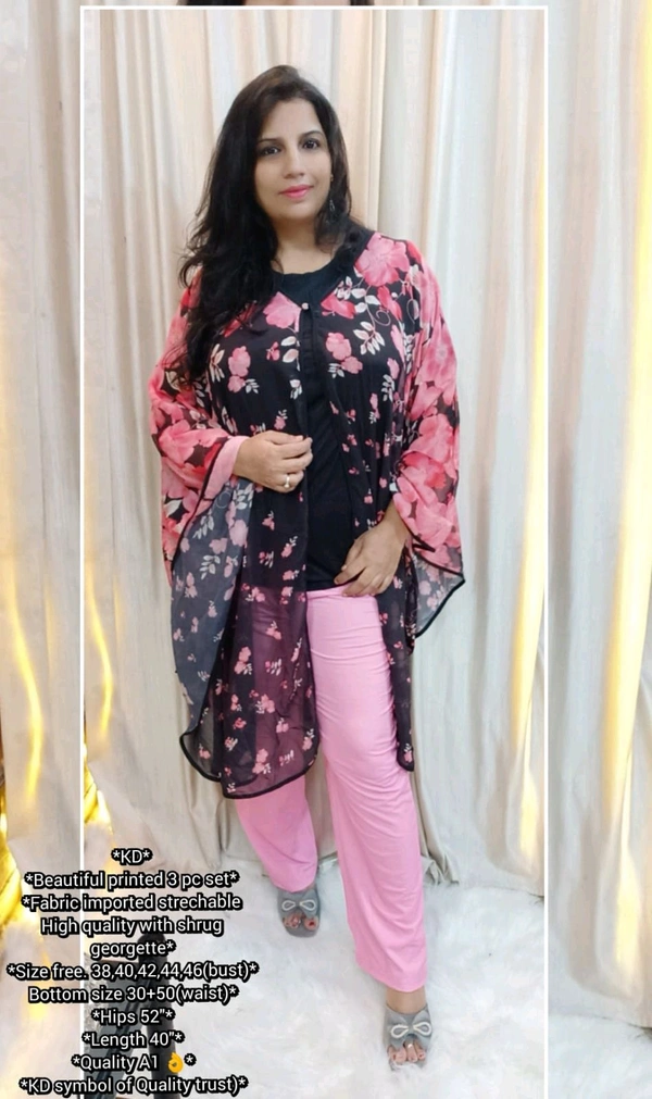 KD18 5370 *Beautiful printed 3 pc set* imported  strechable with shrug georgette - Pink Lace, XL-42